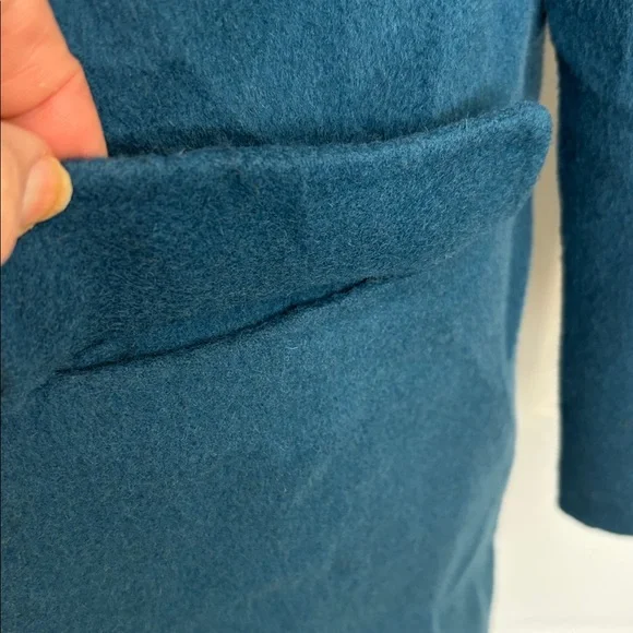 ZARA TEAL BLUE WOOL BLEND LONGLINE HAND-MADE 1 BUTTON CLOSURE DRESS COAT SZ MED - Picture 9 of 12